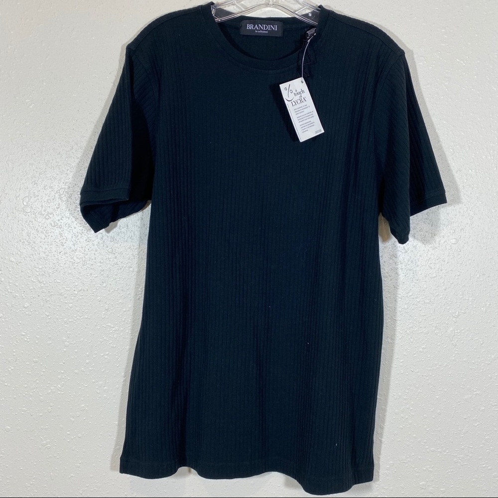 BRANDINI Shirt Men Large Black Short Sleeve Crew Lycra Cotton NWT Ribbed Shirt